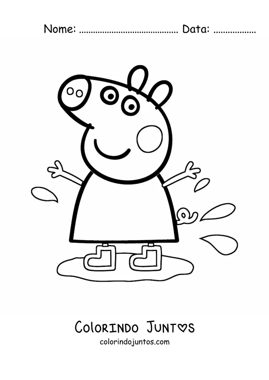 Desenho para colorir da Peppa usando botas pisando em uma poca de lama