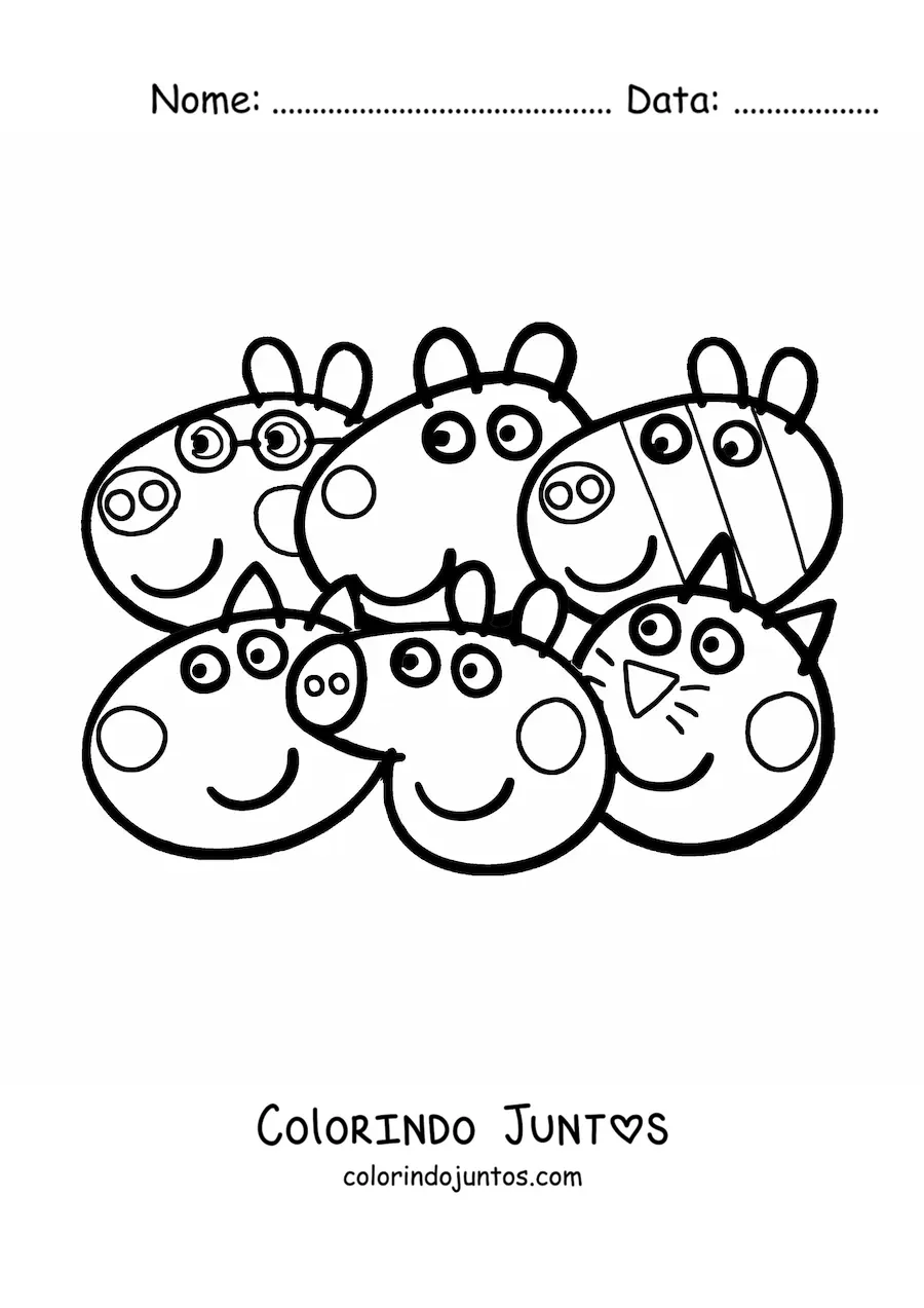 Desenho para colorir dos rostos dos amigos da Peppa
