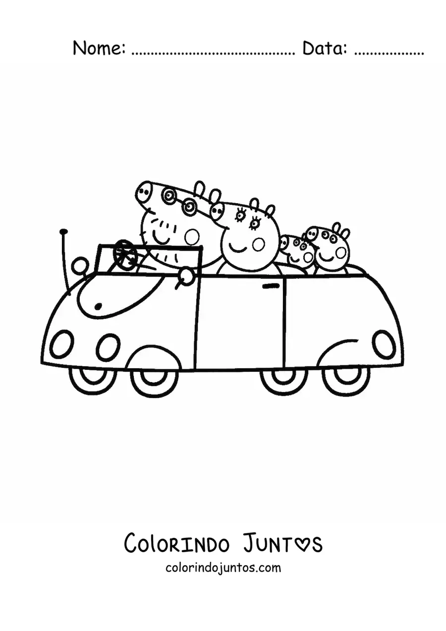 Desenho para colorir da Peppa junto a sua familia passeando no carro