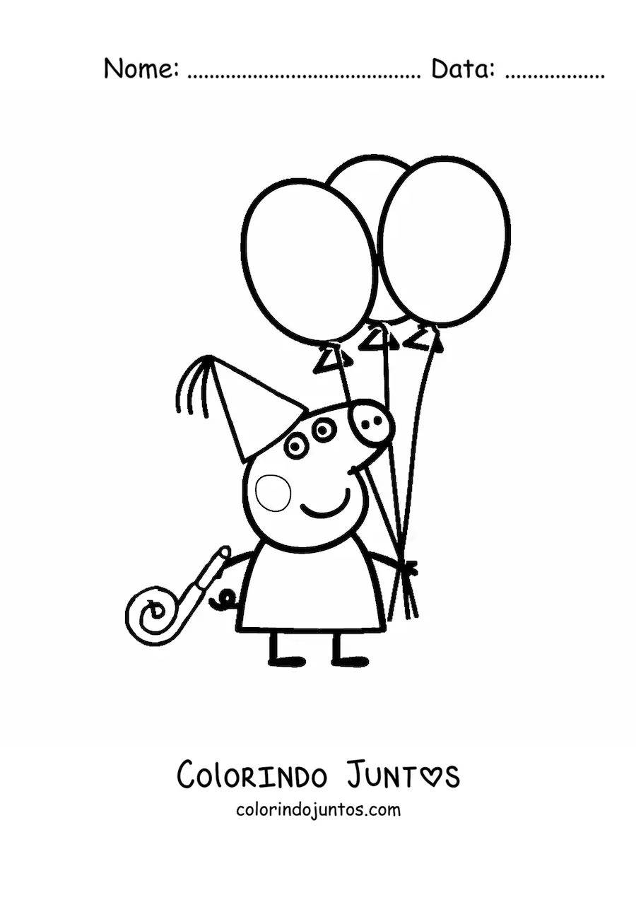 Desenho para colorir da Peppa usando um chapeu de festa e segurando varios baloes