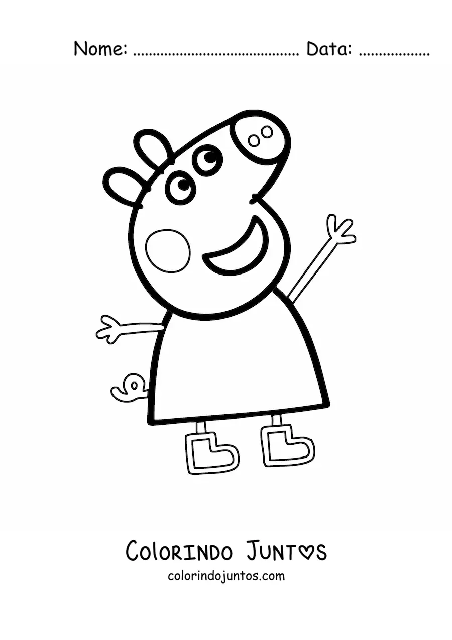 Desenho para colorir da Peppa sorrindo e erguendo os bracos feliz