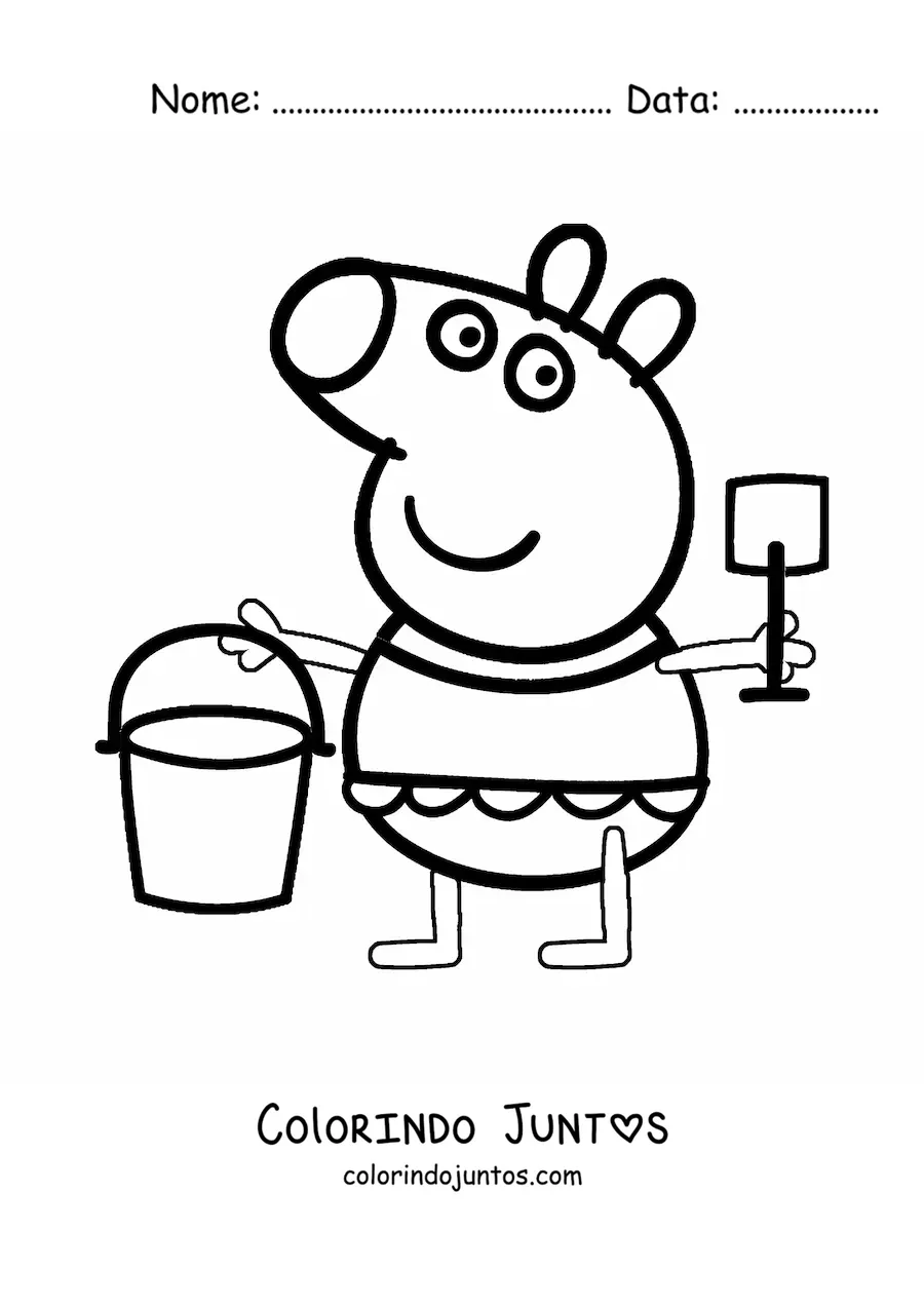 Desenho para colorir da Peppa vestida de maio segurando um baldinho e uma pa para a areia
