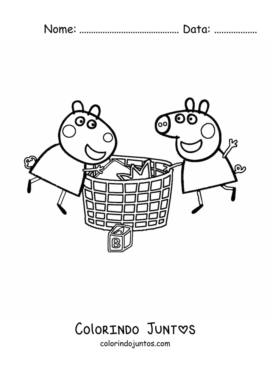 Desenho para colorir da Peppa e da Suzy mexendo nas coisas dentro de uma cesta grande