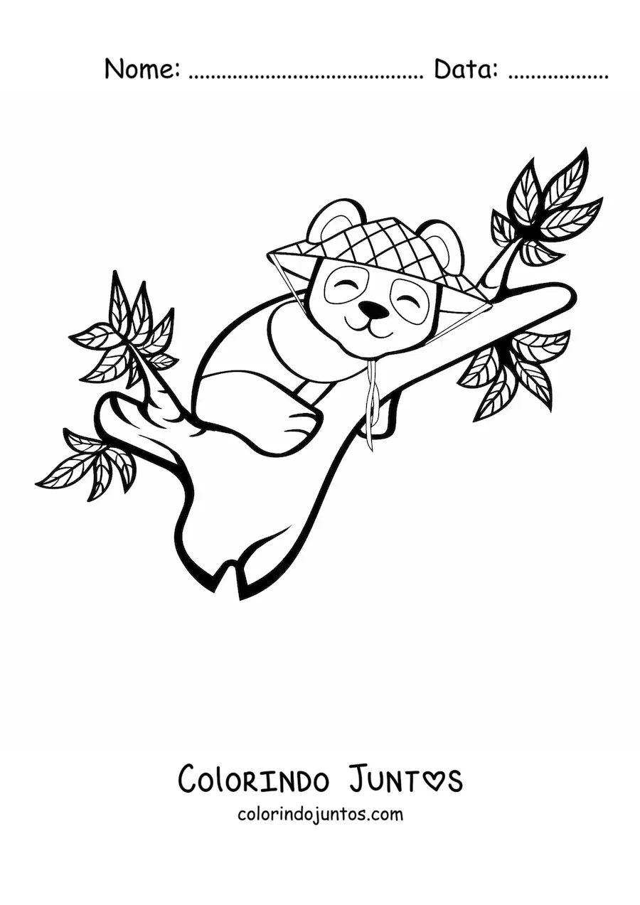 Desenho para colorir de um urso panda kawaii animado dormindo sobre o galho de uma arvore