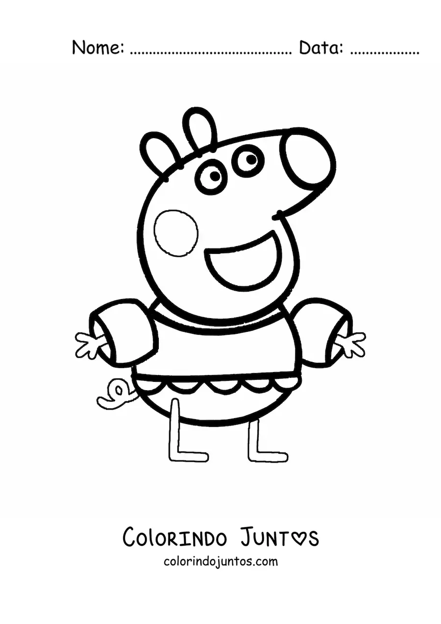 Desenho para colorir da Peppa feliz com um maio e boias