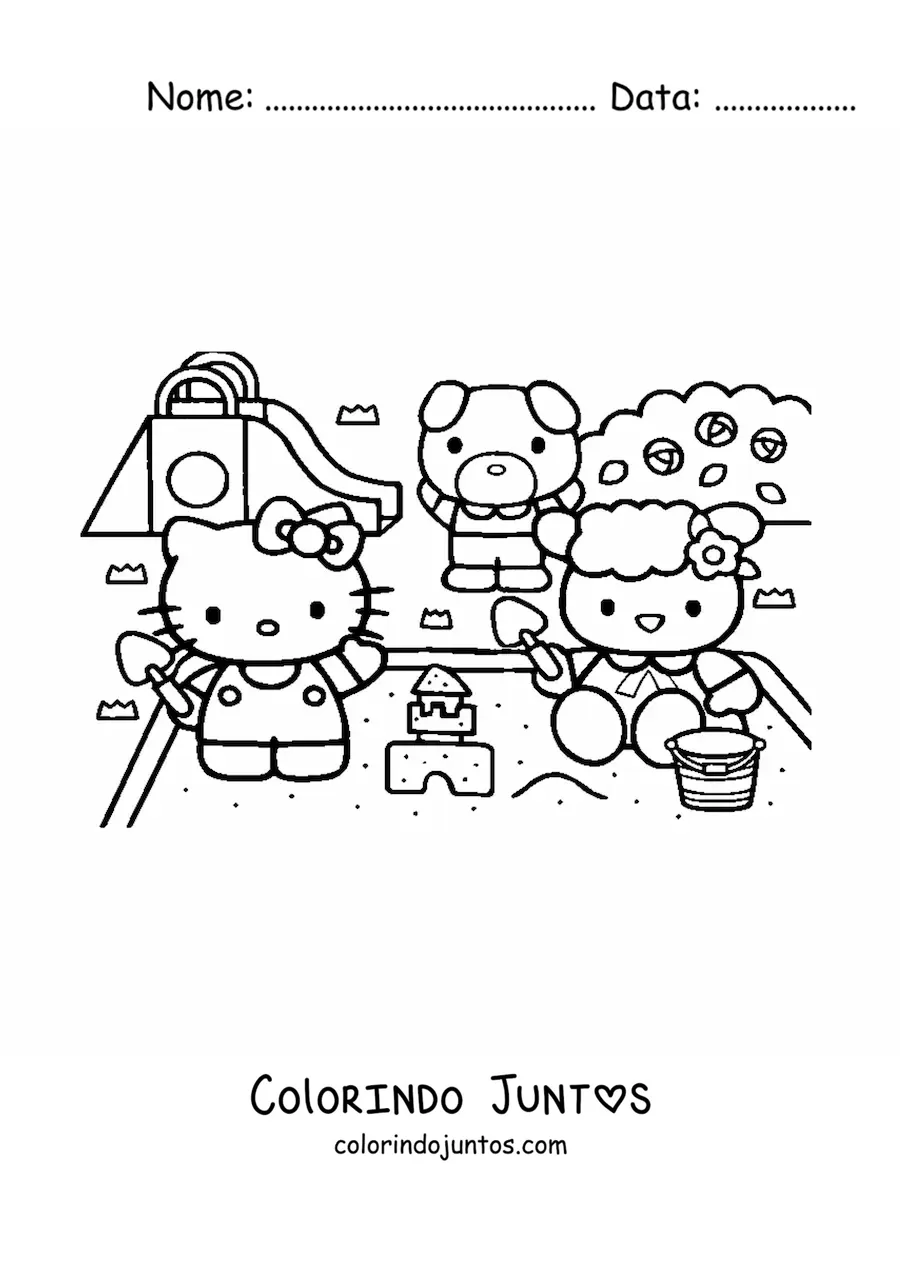Desenho para colorir da Hello Kitty brincando com seus amigos na caixa de areia do parque