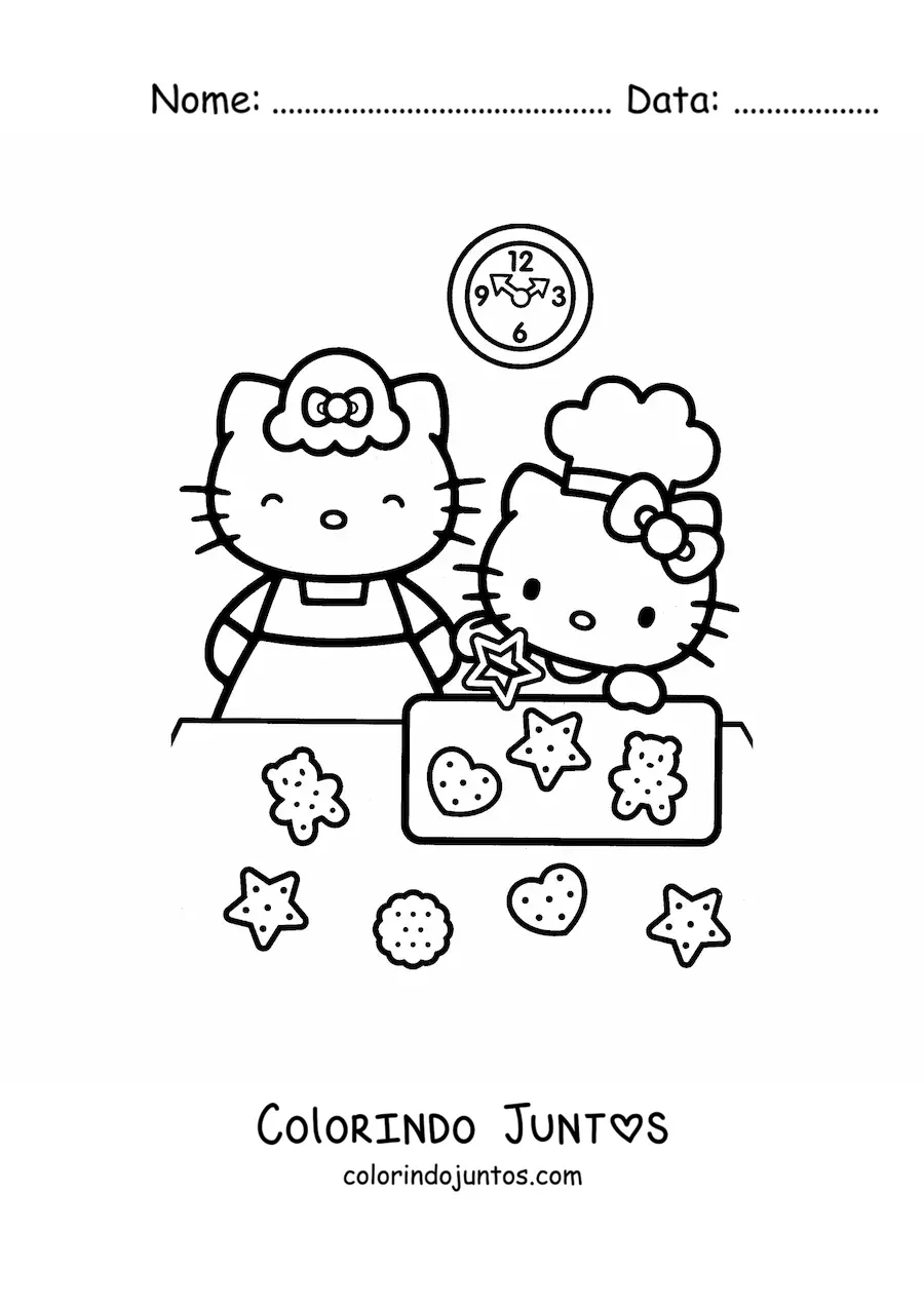 Desenho para colorir da Hello Kitty assando biscoitos junto a sua mae