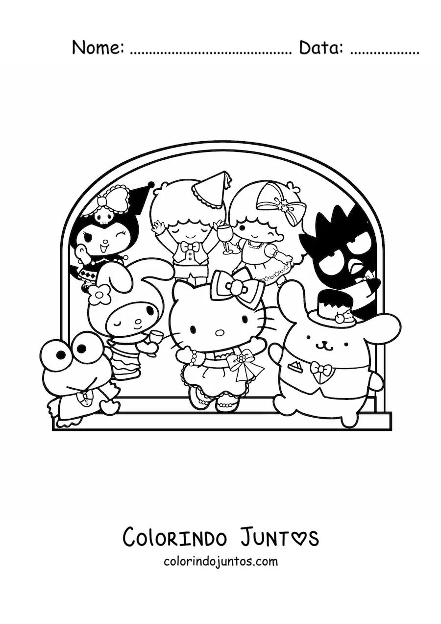 Desenho para colorir da Hello Kitty junto a varios personagens amigos da Sanrio