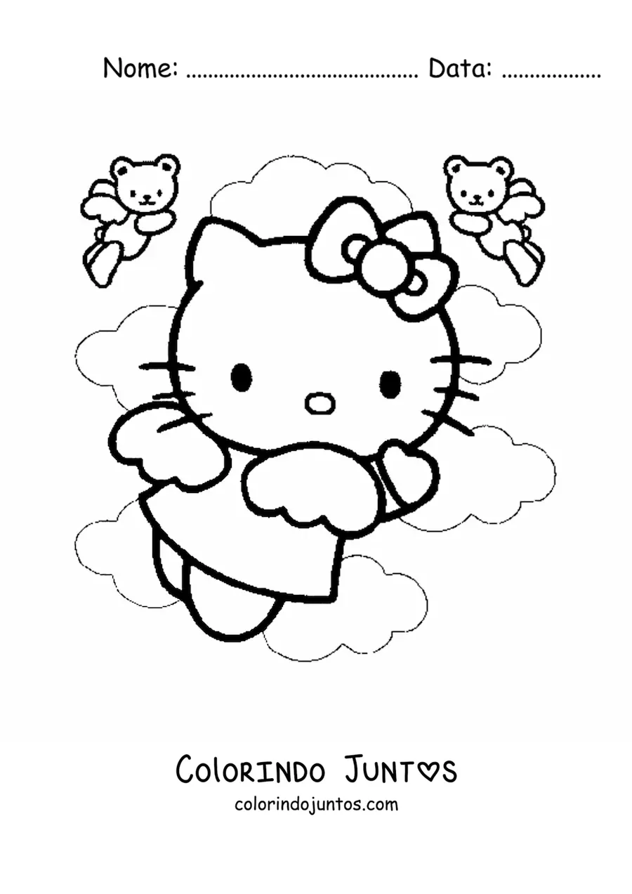 Desenho para colorir da Hello Kitty vestida de anjo entre as nuvens junto a dois ursinhos anjos