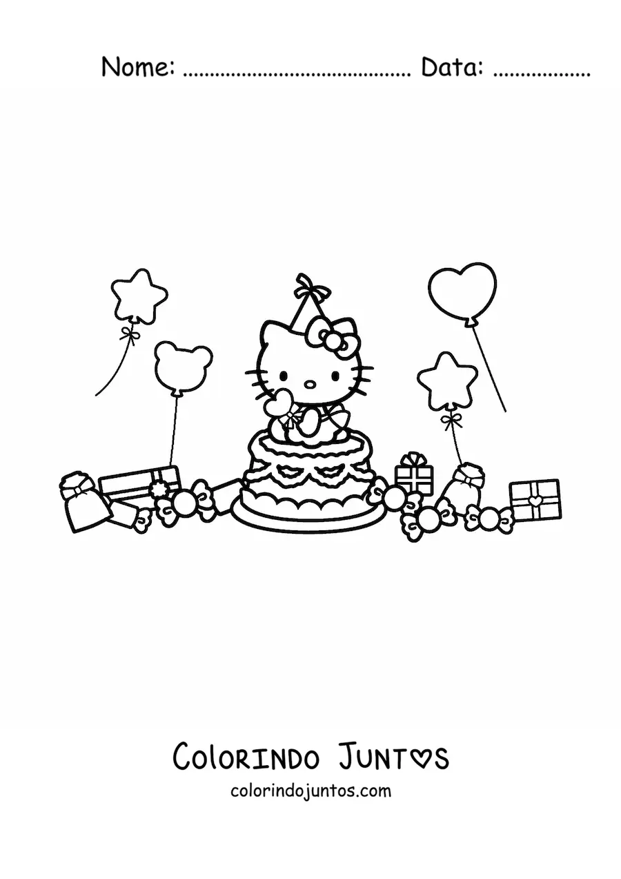 Desenho para colorir da Hello Kitty sobre um bolo de aniversario cercada de baloes e presentes