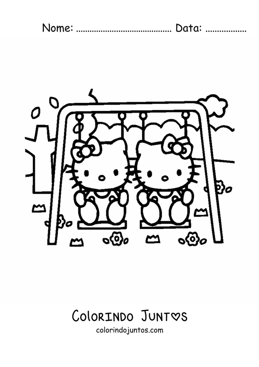 Desenho para colorir da Hello Kitty sentada junto a sua irma em um balanco