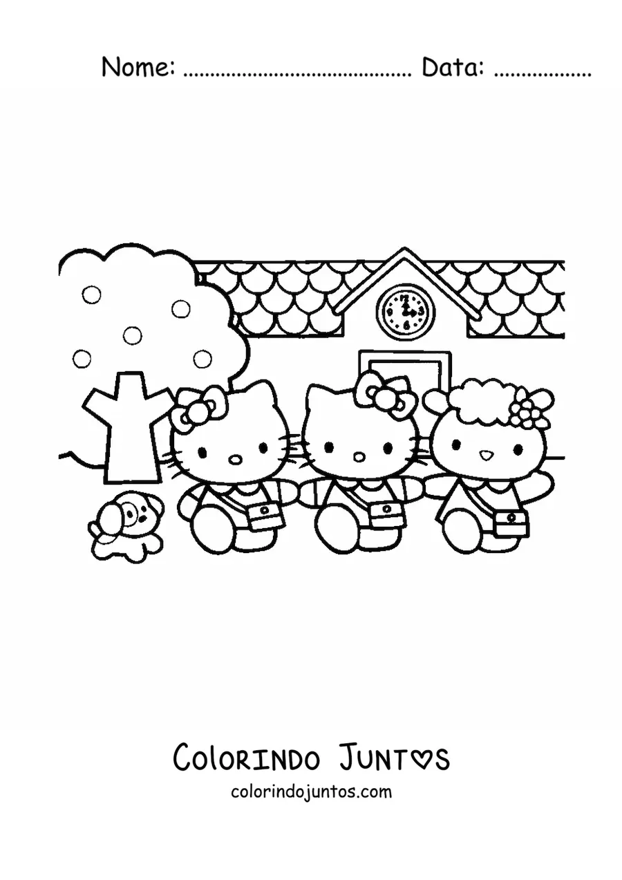 Desenho para colorir da Hello Kitty junto a seus amigos em frente ao predio da escola