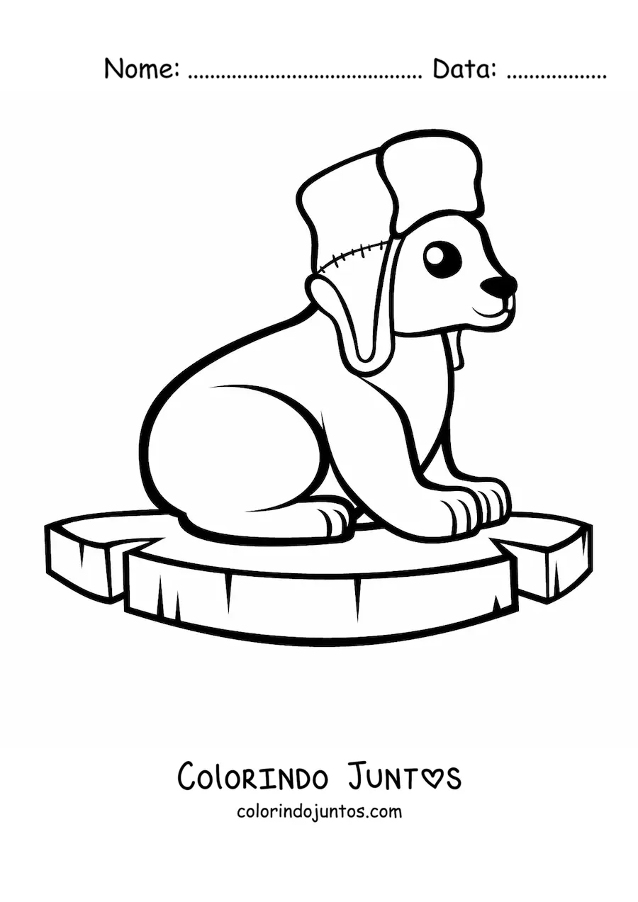 Desenho para colorir de um urso-polar kawaii animado com chapeu sentado em um pedaco de gelo