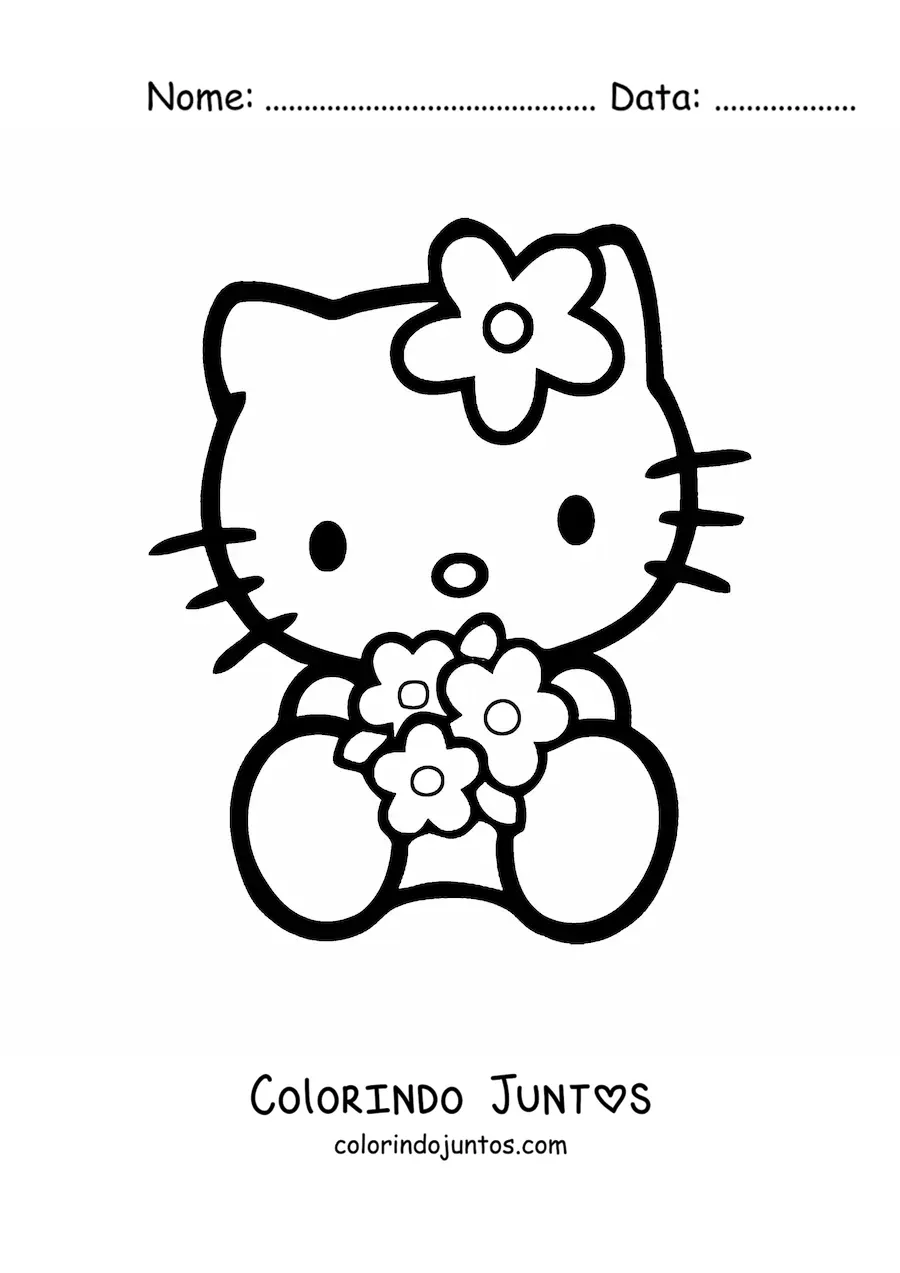 Desenho para colorir da Hello Kitty sentada segurando um buque de flores