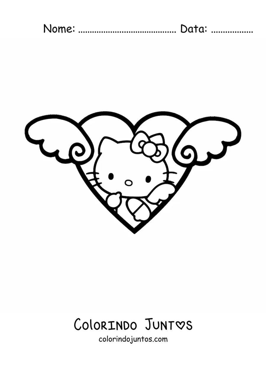 Desenho para colorir da Hello Kitty vestida de anjo dentro de um coracao com asas