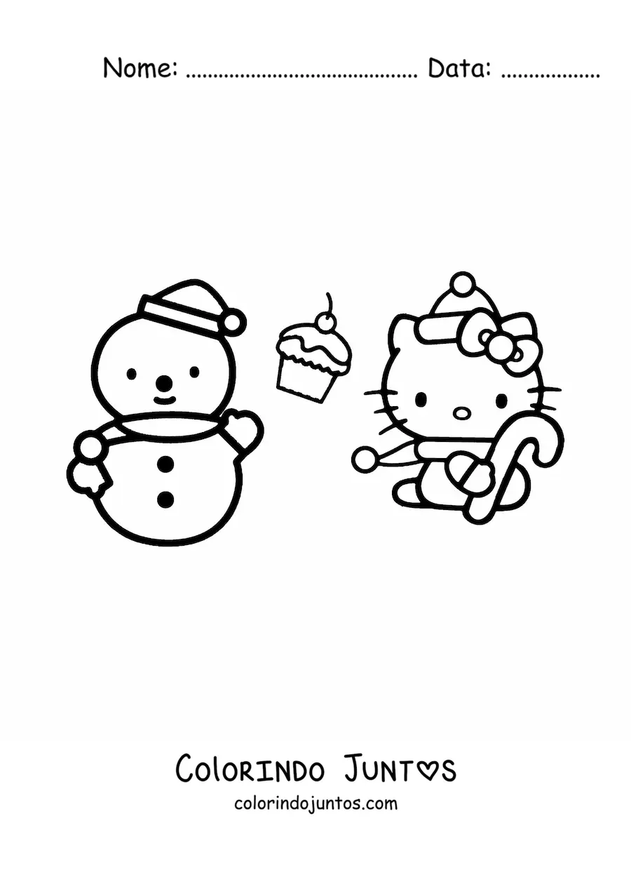 Desenho para colorir da Hello Kitty vestida de Natal junto a um boneco de neve