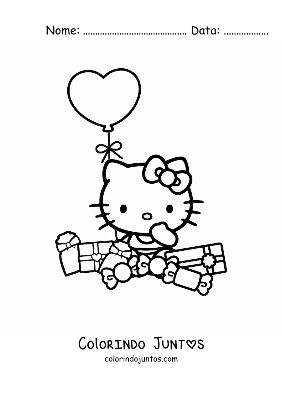 Desenho para colorir da Hello Kitty sentada cercada de presentes e um balao