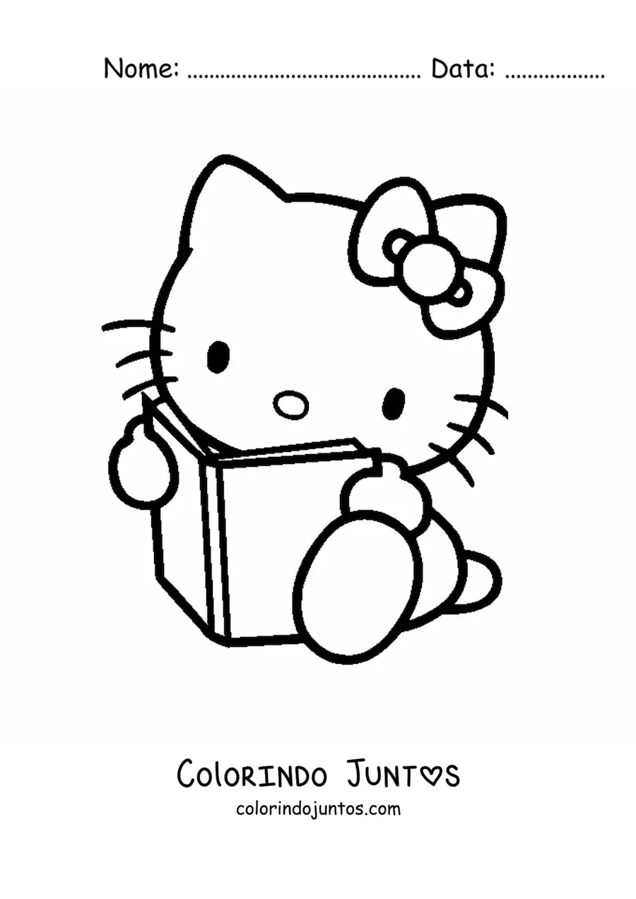 Desenho para colorir da Hello Kitty sentada lendo um livro