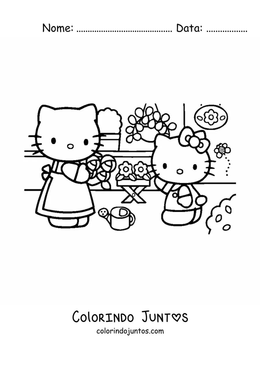 Desenho para colorir da Hello Kitty junto a sua mae arrumando as flores