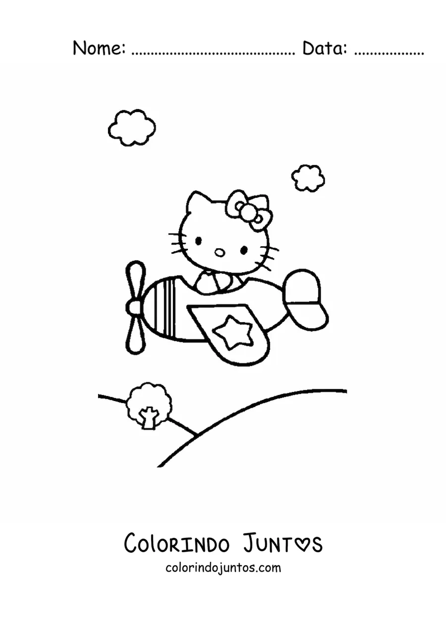Desenho para colorir da Hello Kitty pilotando um aviao sobre uma paisagem de montanhas
