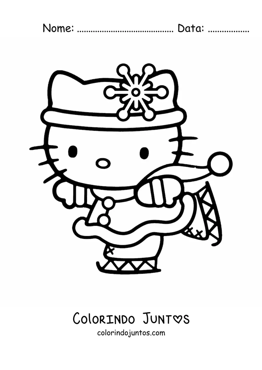 Desenho para colorir da Hello Kitty patinando no gelo com um enfeite de floco de neve