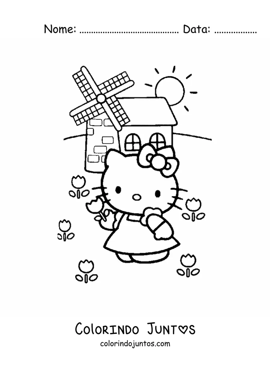 Desenho para colorir da Hello Kitty em um jardim junto a um moinho