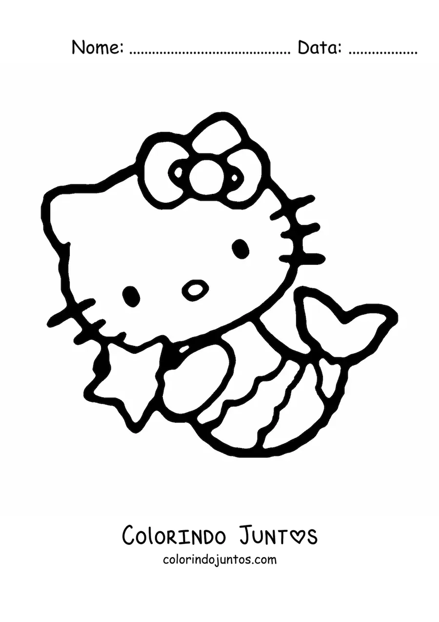 Desenho para colorir da Hello Kitty sereia com uma estrela nas maos