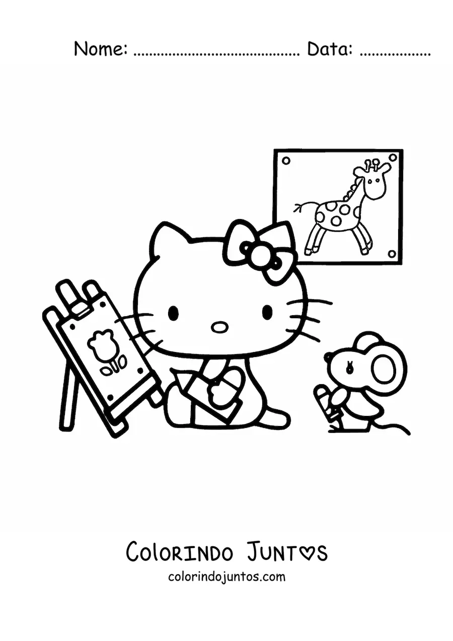 Desenho para colorir da Hello Kitty colorindo em um cavalete junto a um ratinho