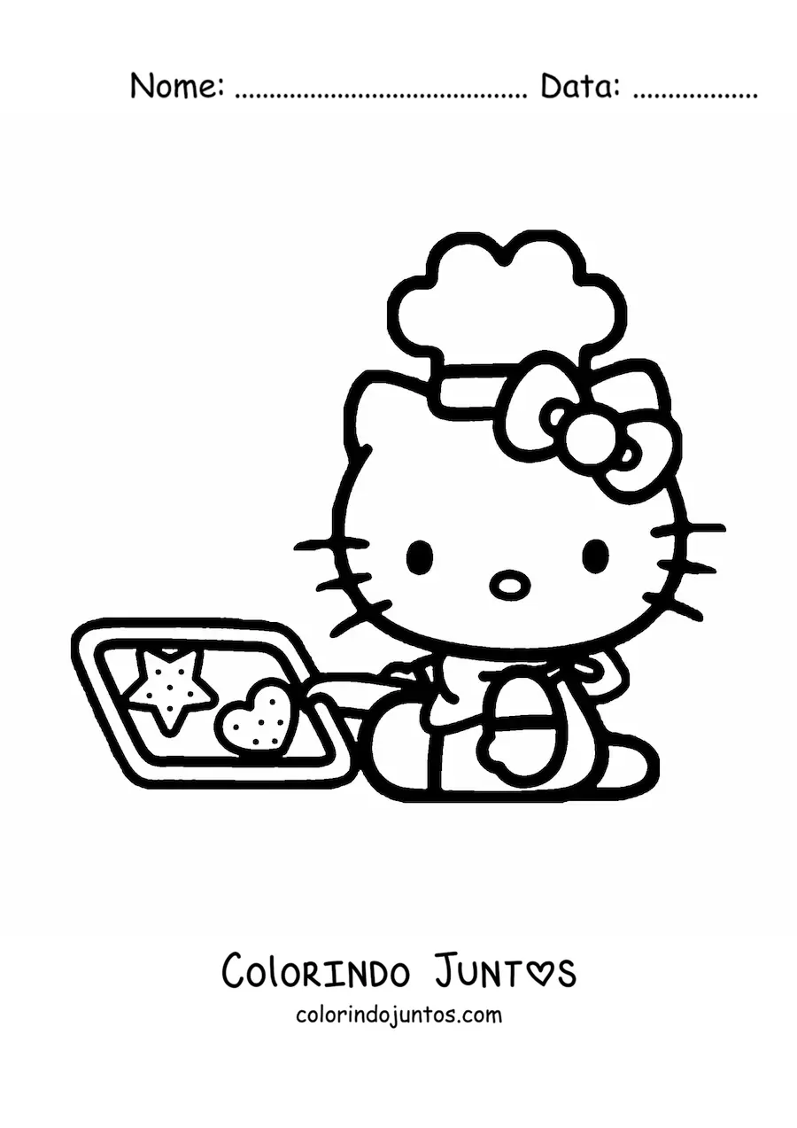 Desenho para colorir da Hello Kitty com um chapeu de chef segurando uma bandeja com biscoitos assados