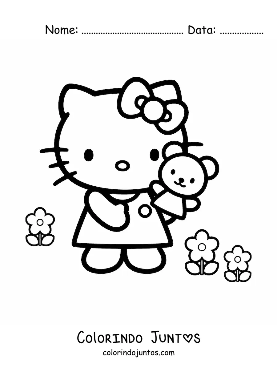 Desenho para colorir da Hello Kitty entre varias flores segurando um ursinho na mao