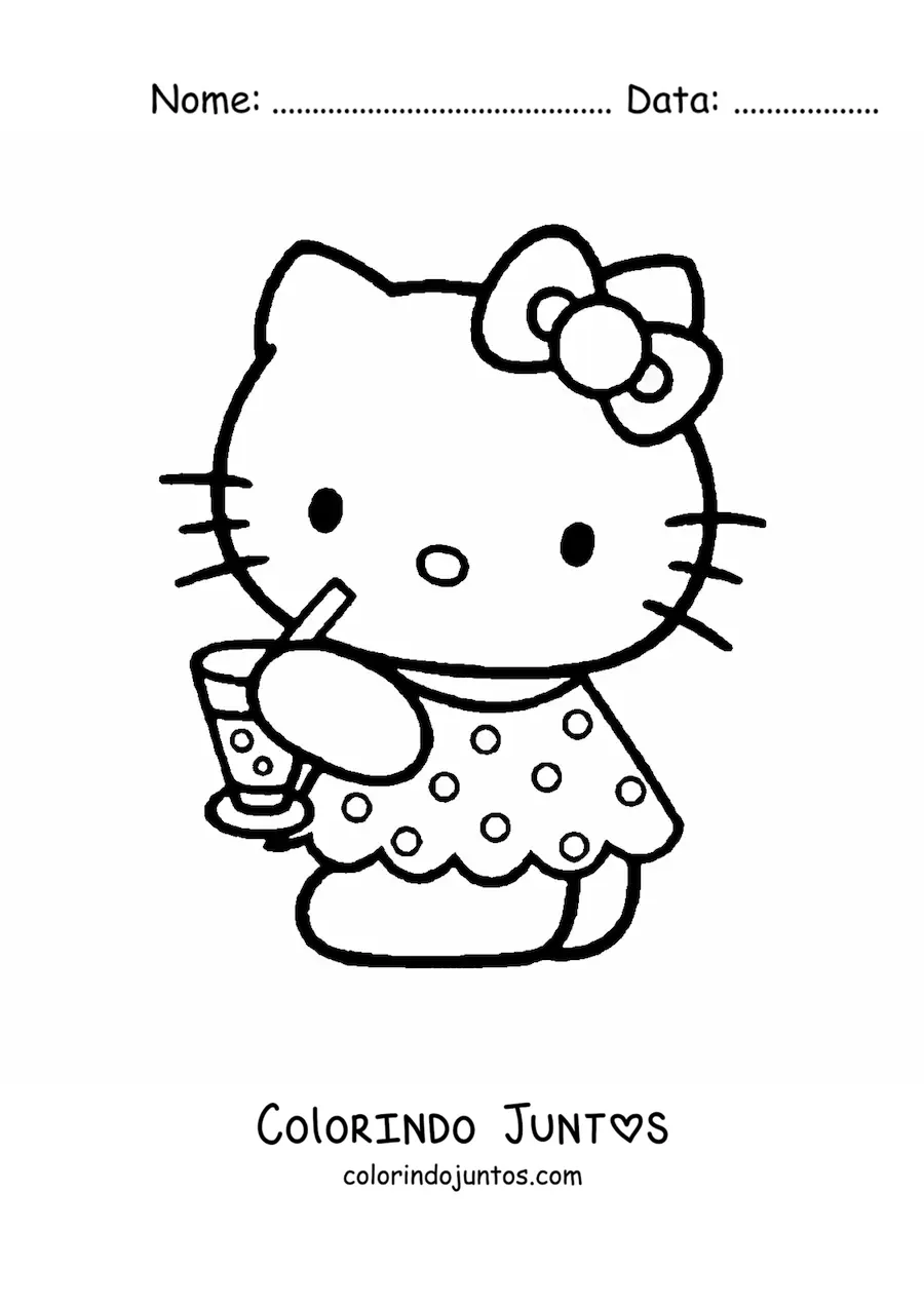 Desenho para colorir da Hello Kitty vestida de verao bebendo um refrigerante
