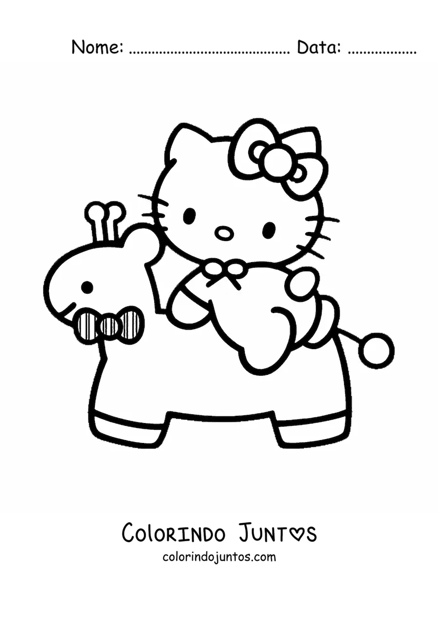 Desenho para colorir da Hello Kitty bebê em cima de uma girafa de brinquedo