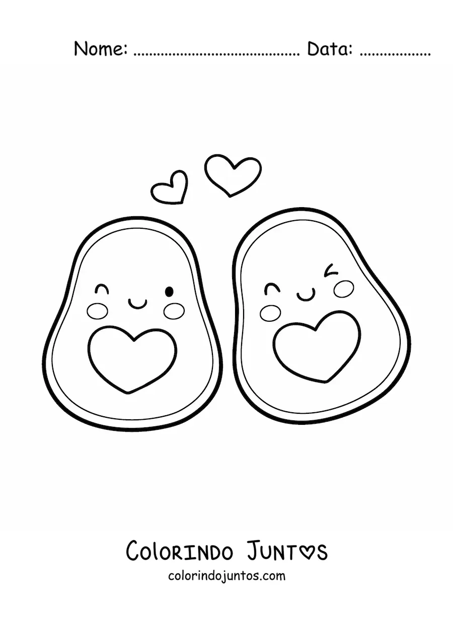 Desenho para colorir de um casal de abacates kawaii com coracoes no ar