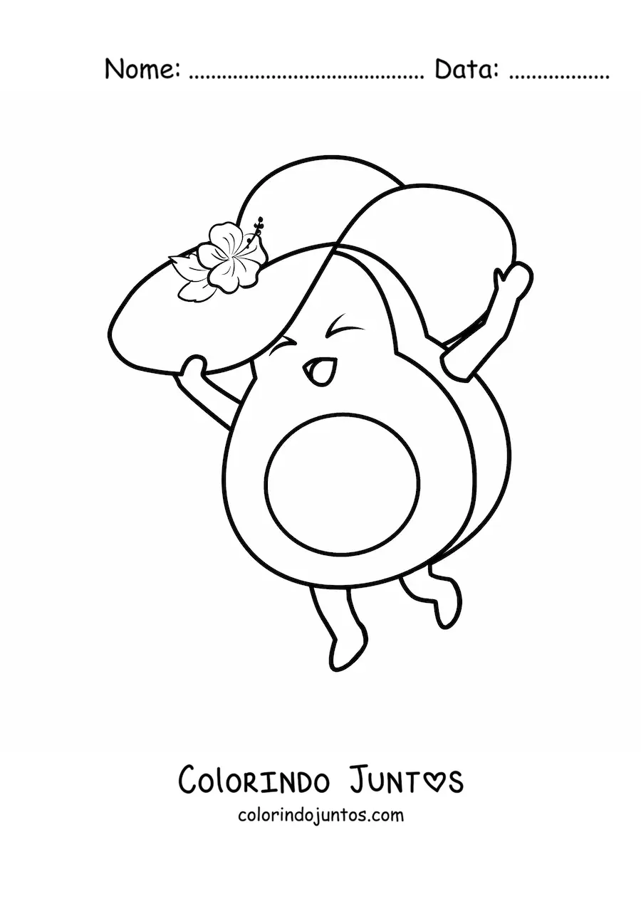 Desenho para colorir de um abacate animado usando um chapeu de verao com uma flor