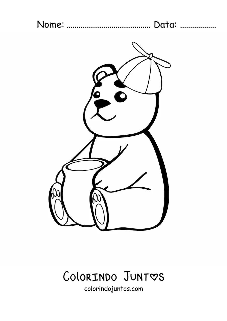 Desenho para colorir de um filhote de urso kawaii animado com um pote de mel