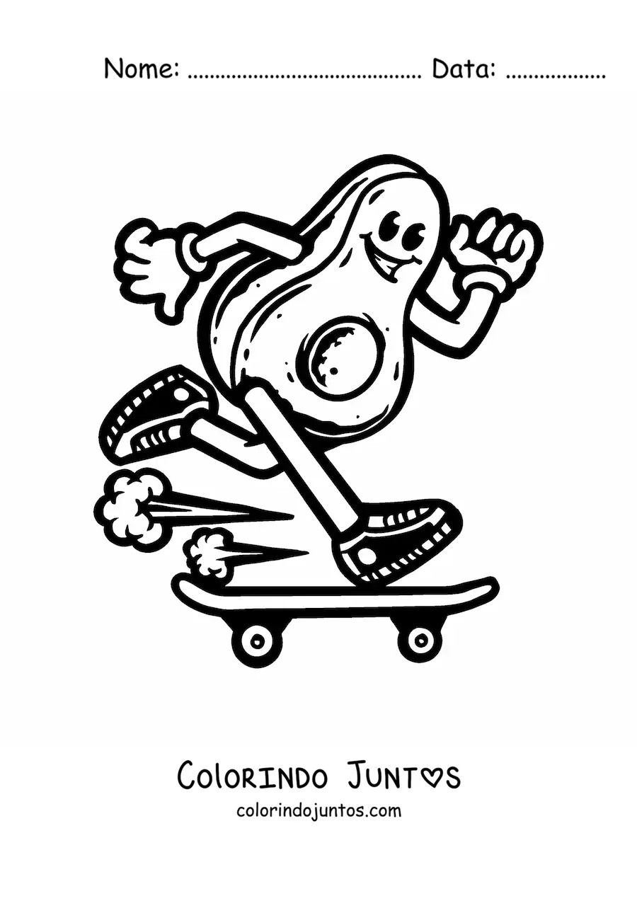 Desenho para colorir de um abacate animado andando de skate em alta velocidade
