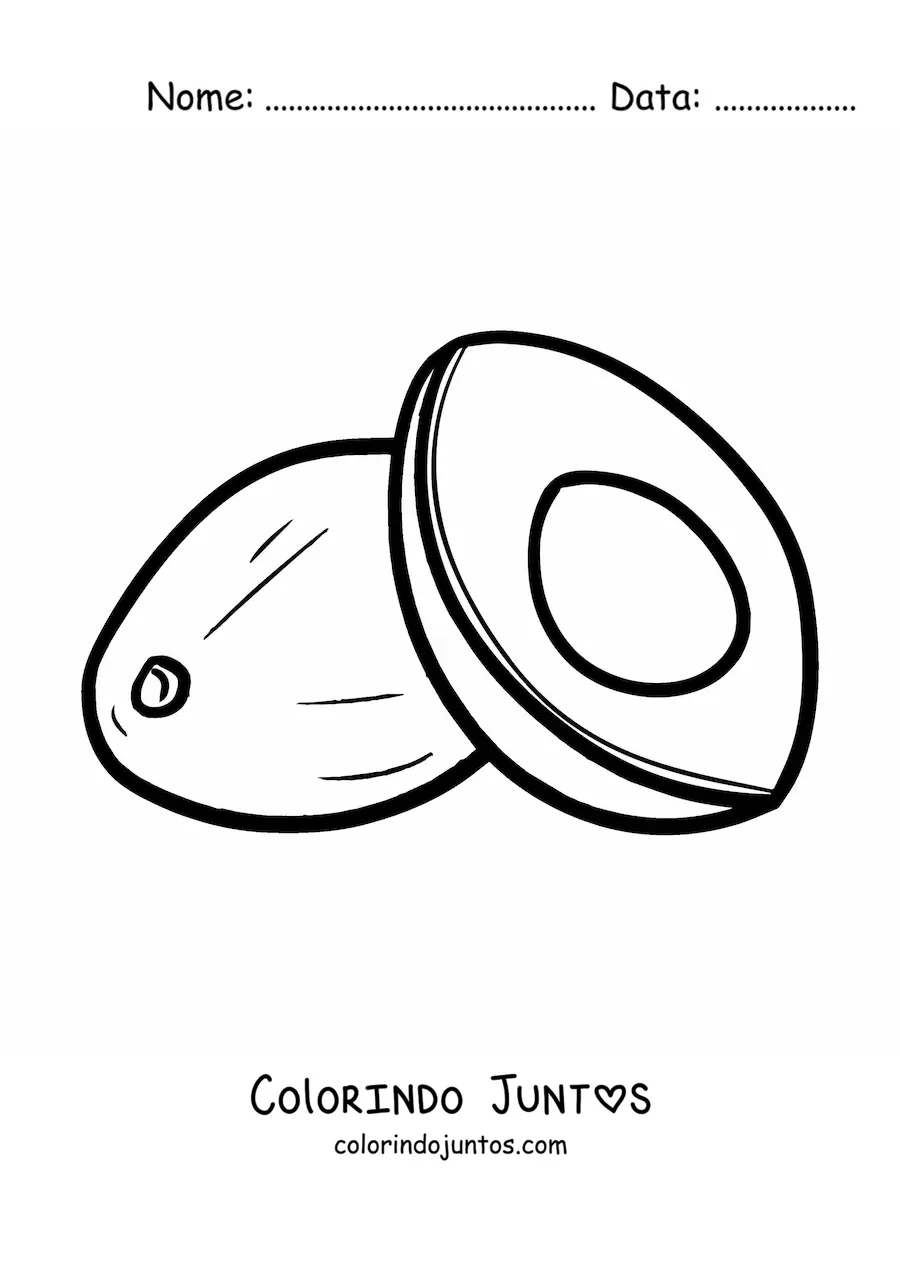 Desenho para colorir de um abacate partido ao lado de um abacate inteiro