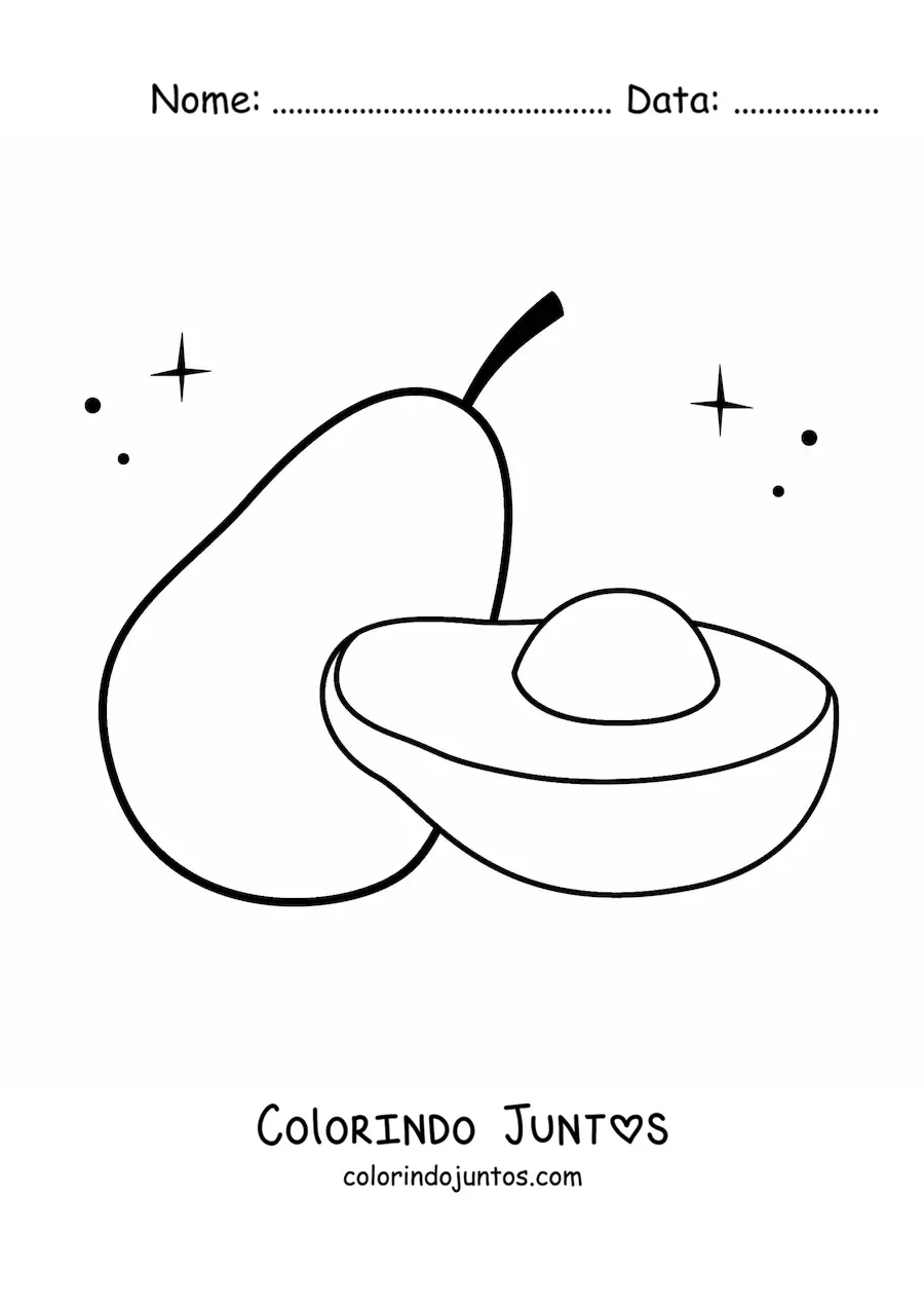 Desenho para colorir da metade de um abacate ao lado de um abacate inteiro