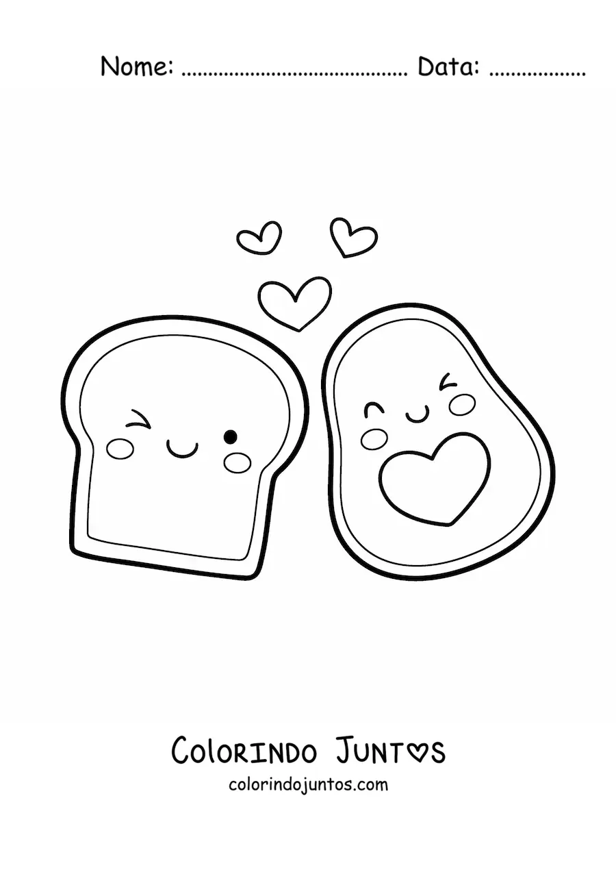 Desenho para colorir de um abacate kawaii ao lado de uma torrada animada com coracoes no ar