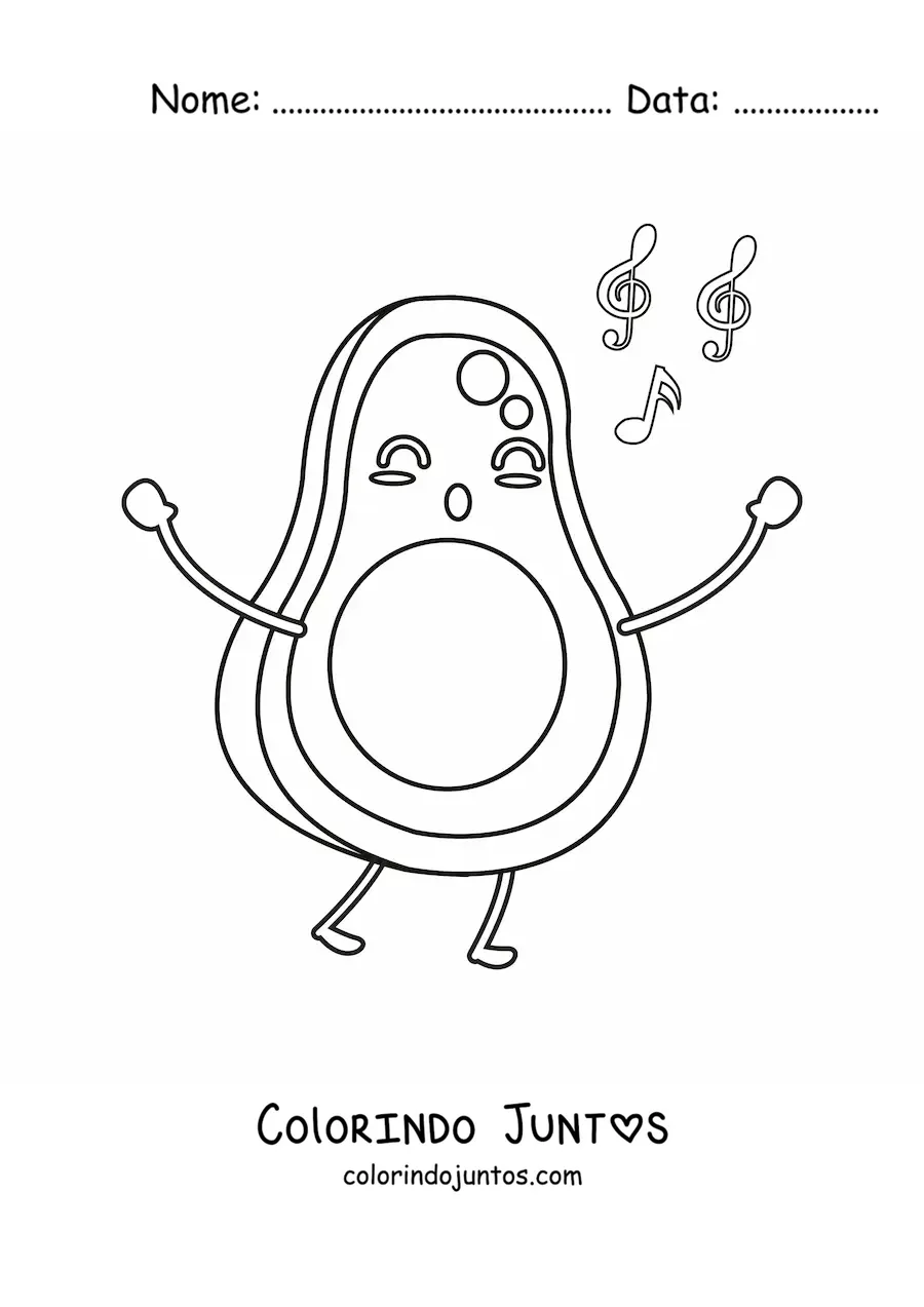 Desenho para colorir de um abacate animado cantando com notas musicais flutuando
