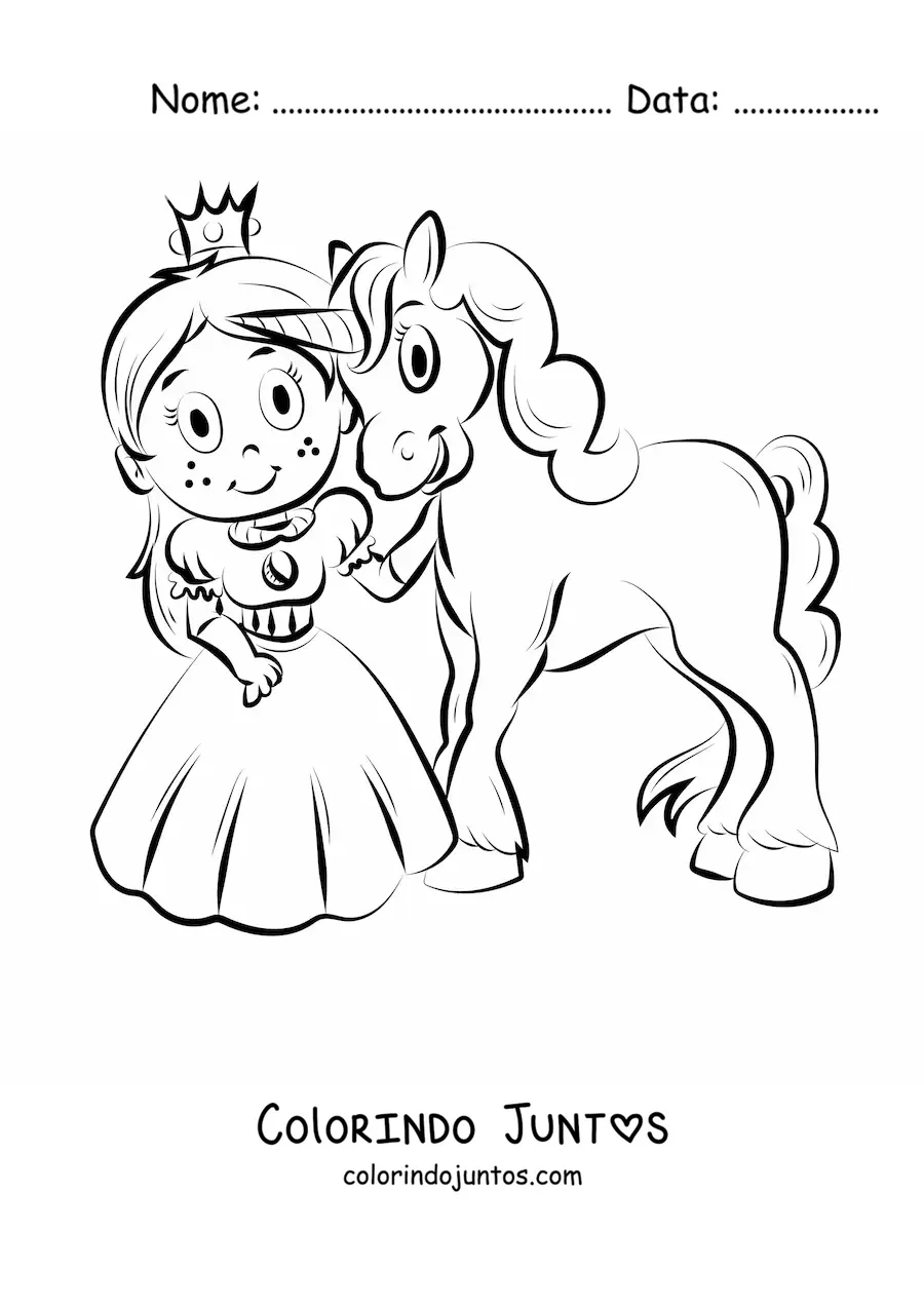 Desenho para colorir animado de uma menina princesa com um unicórnio