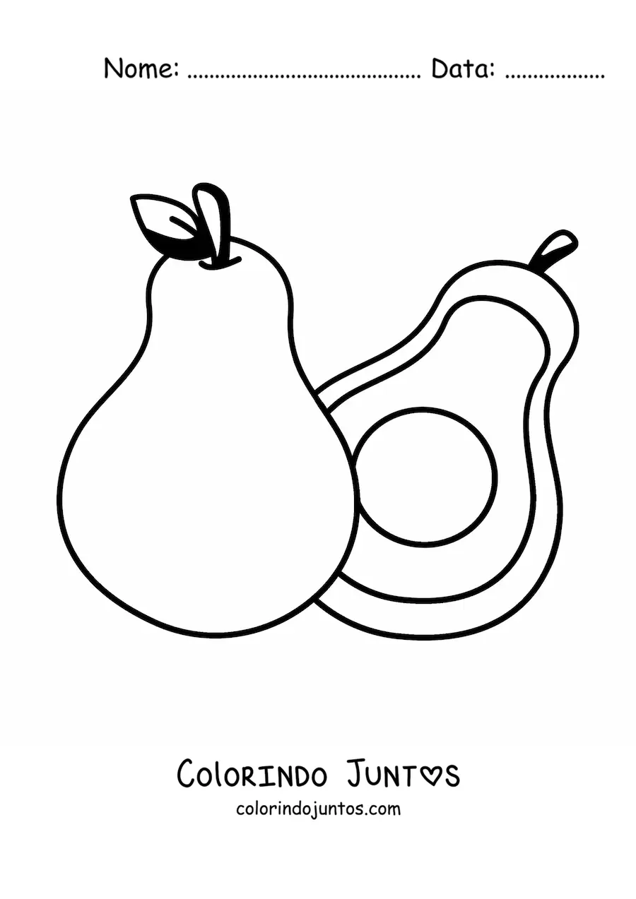 Desenho para colorir de um abacate inteiro ao lado de meio abacate