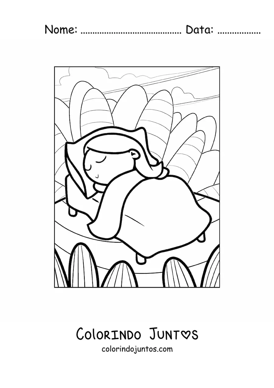 Desenho para colorir de uma menina dormindo tranquila em uma cama com uma paisagem ao fundo