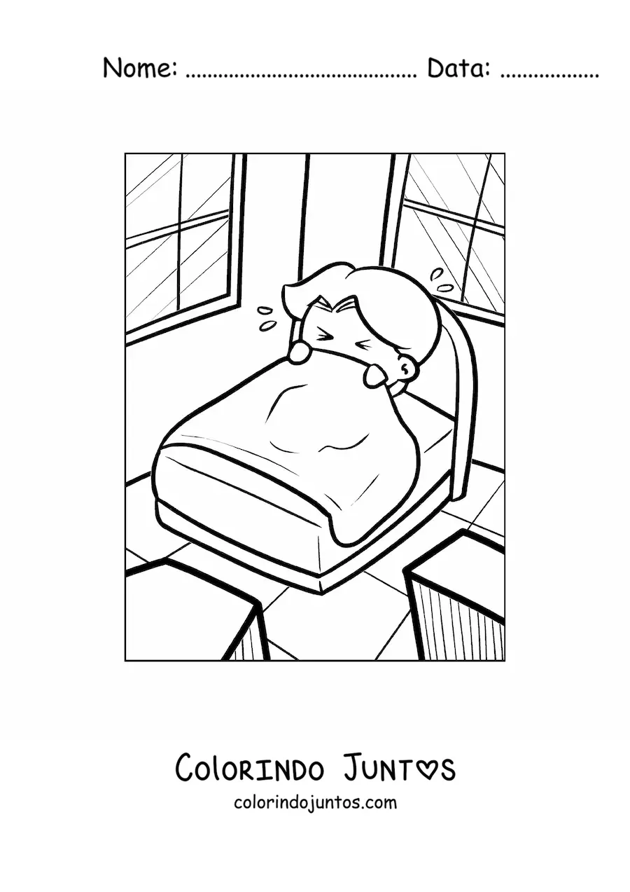 Desenho para colorir de uma crianca assustada em sua cama se cobrindo com os lencois