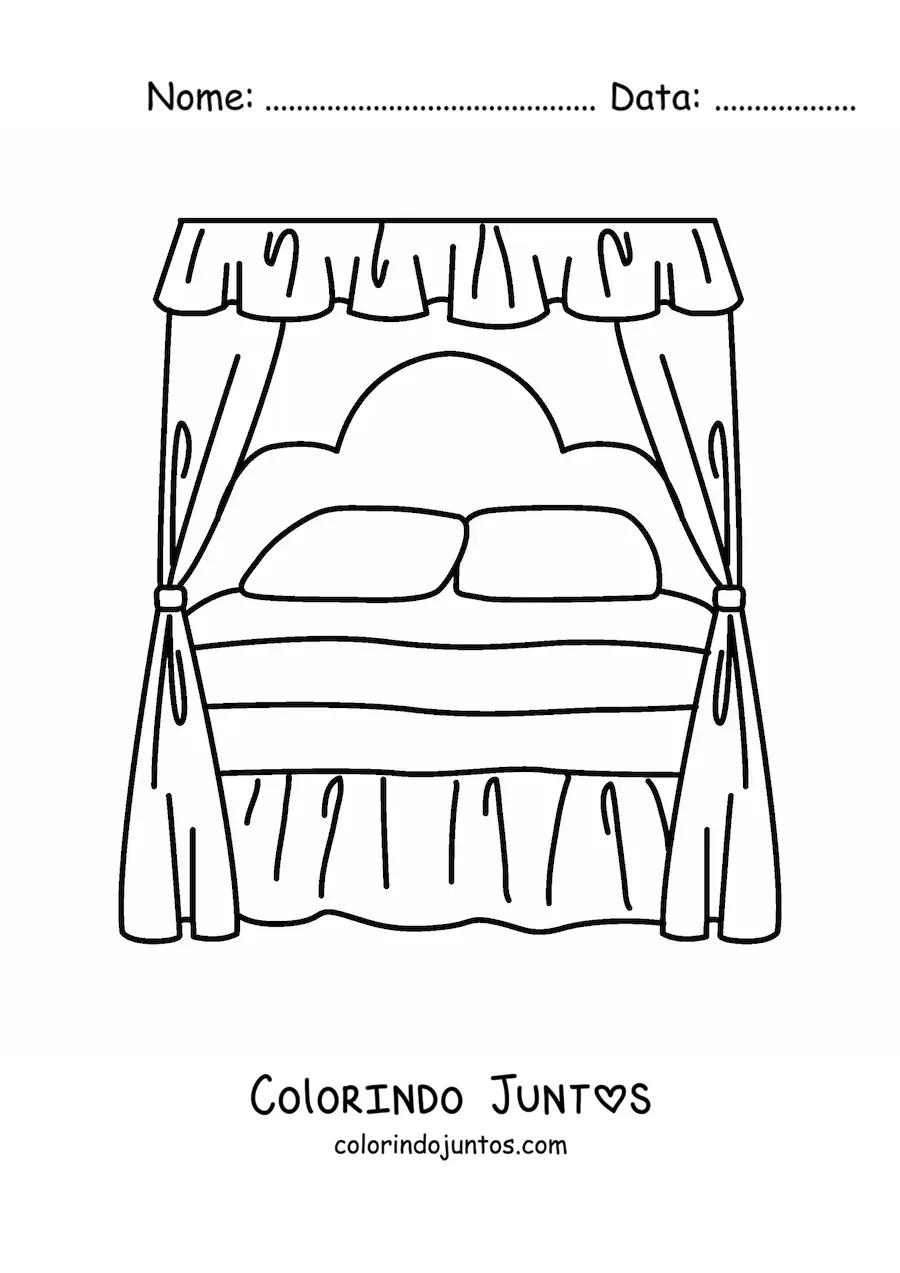 Desenho para colorir de uma cama antiga com dossel e dois travesseiros