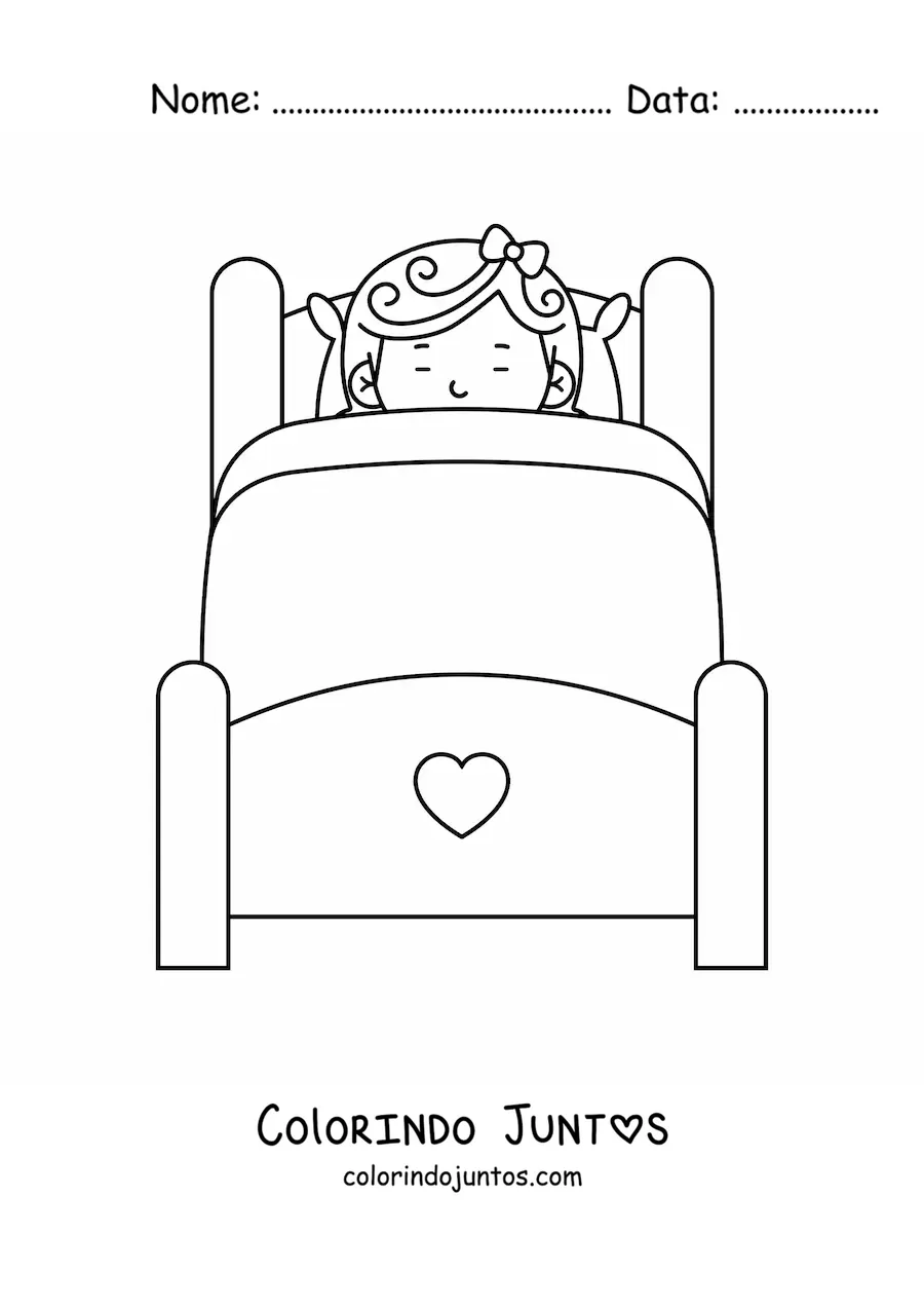 Desenho para colorir de uma cama de madeira com uma menina dormindo aconchegada