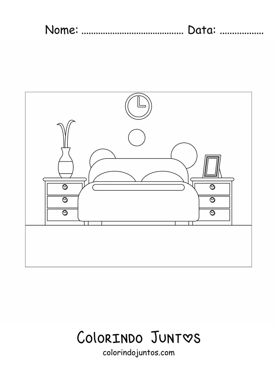 Desenho para colorir de um quarto com uma cama de casal