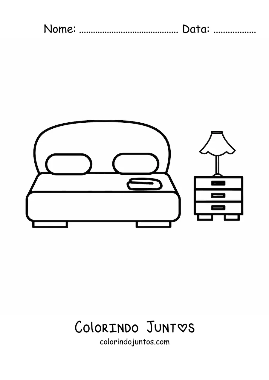 Desenho para colorir de uma cama de casal com dois travesseiros ao lado de uma mesinha
