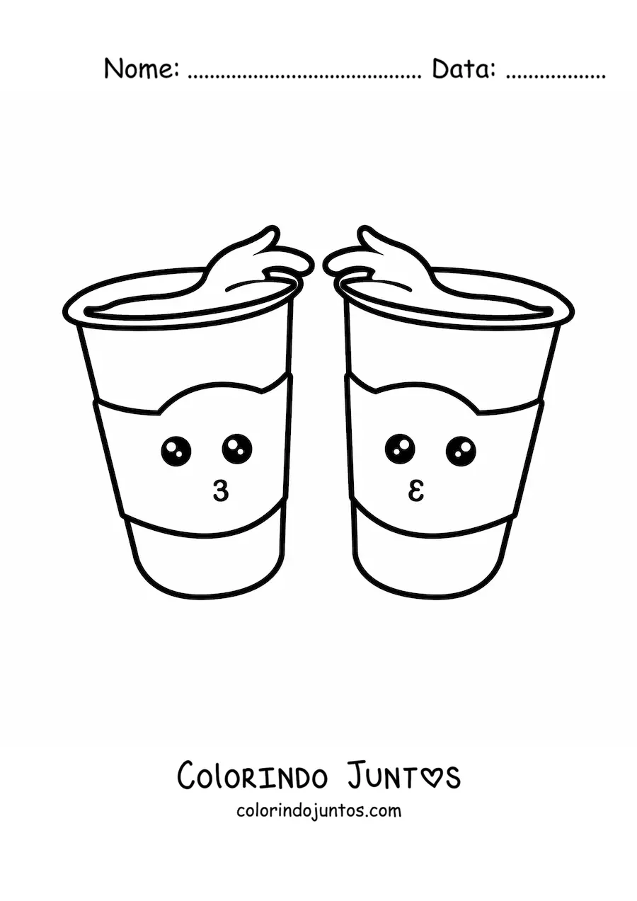 Desenho para colorir de dois copos kawaii animados transbordando de cafe