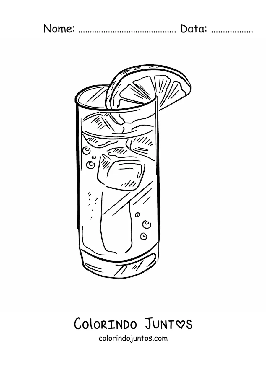 Desenho para colorir de um copo de vidro realista cheio de refrigerante e gelo decorado com uma rodela de limao
